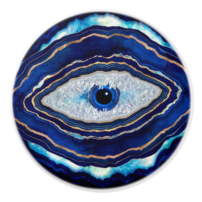 Evil Eye Blue Agate Geode Ditital Art Ceramic Knob (Front)