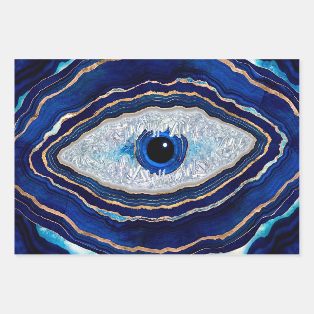 Evil Eye Blue Agate Geode Ditital Art Wrapping Paper Sheet (Front)