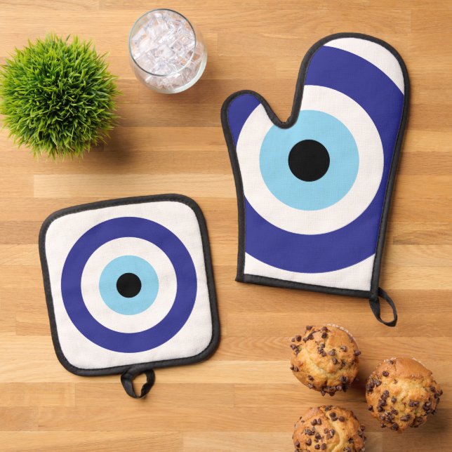 Evil Eye Blue Mati rings Oven Mitt & Pot Holder Set (Top Down)