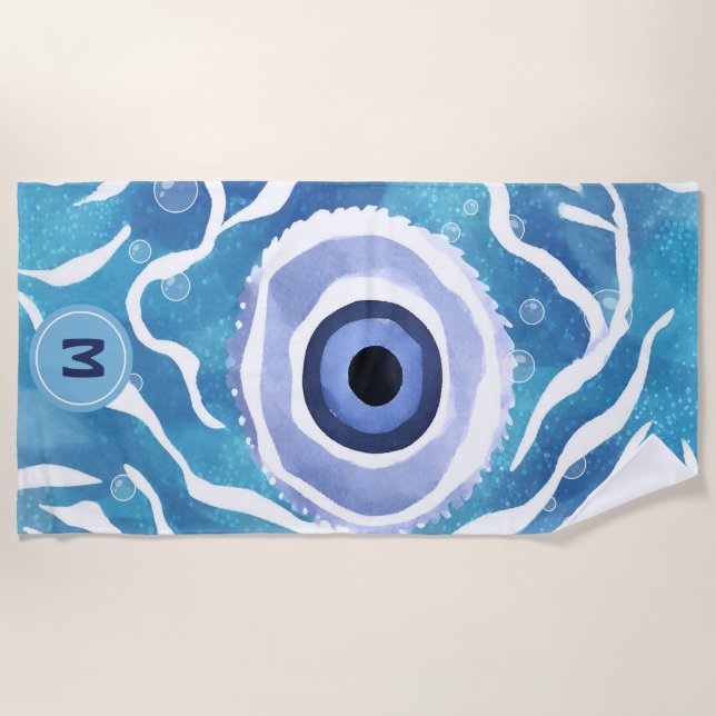 Evil Eye Blue Modern Beach Towel (Front)