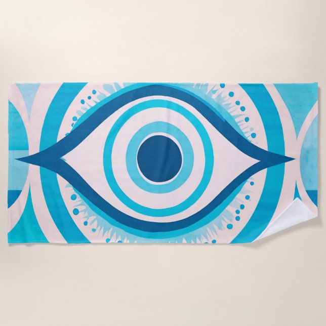 Evil Eye Colourful Blue Modern Beach Towel (Front)