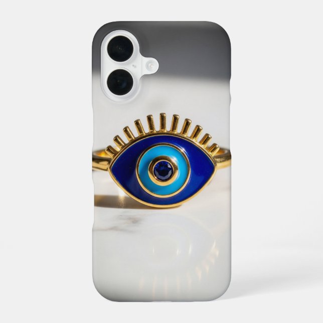 Evil Eye Gold Ring on Marble Background iPhone 16 Case (Back)