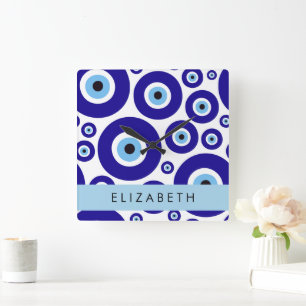 Evil Eye, Greek Eye, Turkish Eye, Mati, Your Name Square Wall Clock