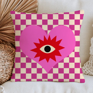 Evil Eye Heart on Lilac Chequered Pattern Retro Cushion