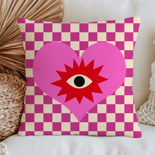 Evil Eye Heart on Lilac Chequered Pattern Retro Cushion (Creator Uploaded)