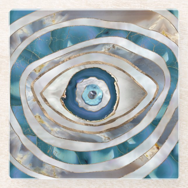 Evil Eye Mineral textures and gold Glass Coaster (Front)