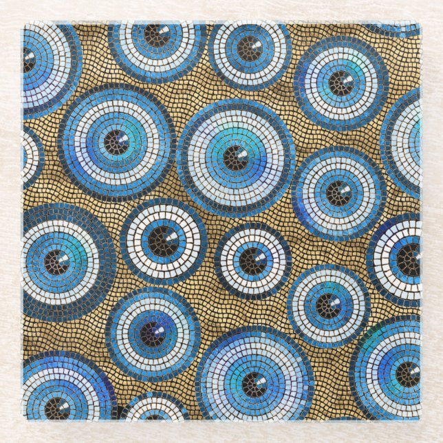 Evil Eye Mosaic Tile Pattern Glass Coaster (Front)