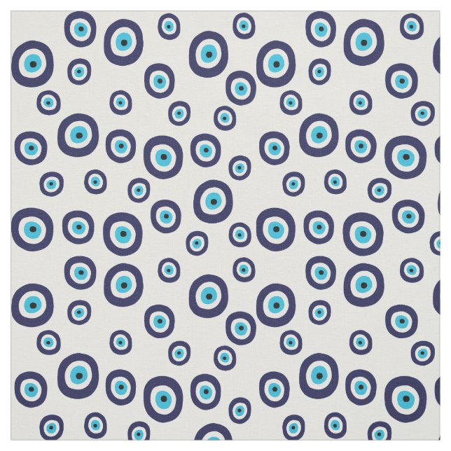 Evil Eye Navy Blue and Aqua Circles on White Fabric (Swatch)