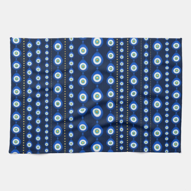 Evil Eye pattern - dark blue with golden accents Tea Towel (Horizontal)