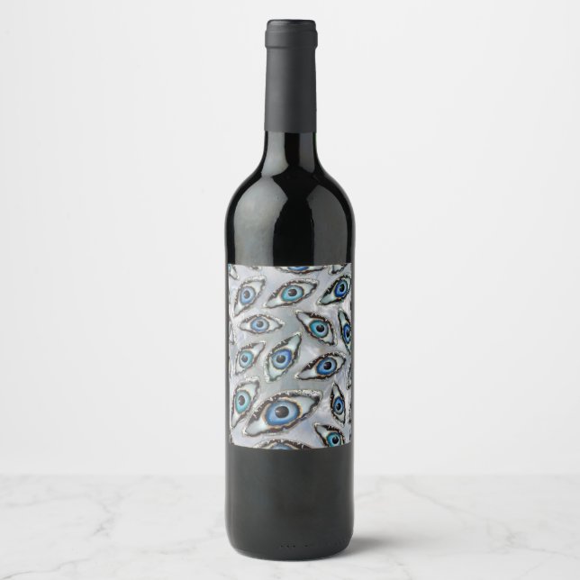 Evil Eye Pattern Geodes and Crystals on pearl Wine Label (Front)