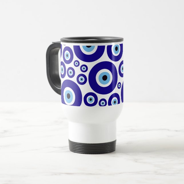 Evil Eye Pattern, Greek Eye, Turkish Eye, Nazar Travel Mug (Front Left)