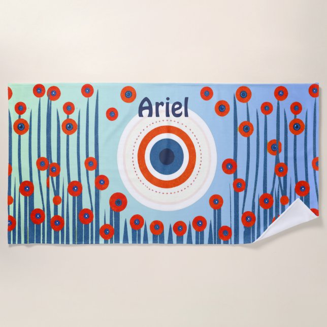 Evil Eye Red Poppies Modern Beach Towel (Front)