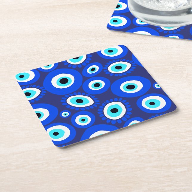Evil Eye Symbol Blue and White Pattern Square Paper Coaster (Angled)
