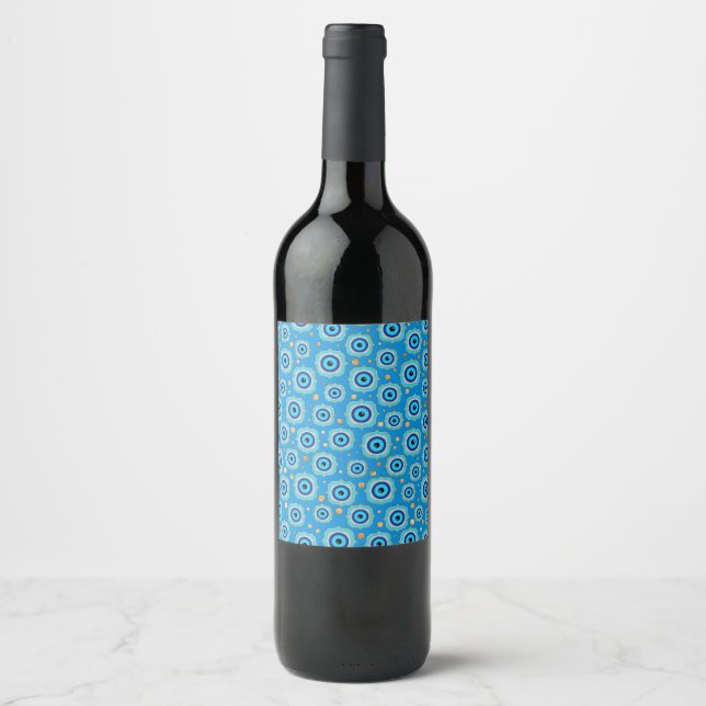 Evil Eye Tile Pattern -  Blue and gold Wine Label (Front)