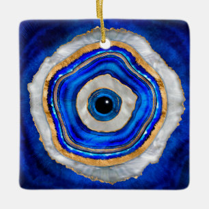Evil Eye Watercolor agate and gold Ceramic Ornament