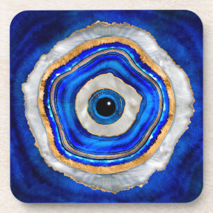 Evil Eye Watercolor agate and gold Coaster