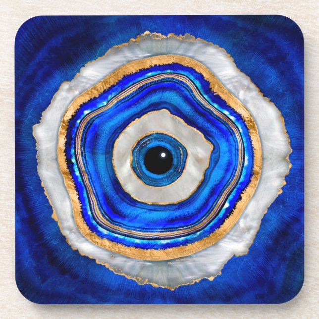 Evil Eye Watercolor agate and gold Coaster (Front)
