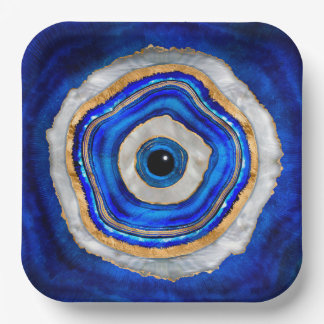 Evil Eye Watercolor agate and gold Paper Plate