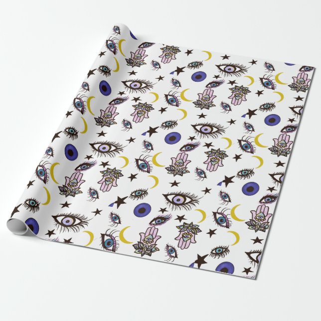 evil eye wrapping paper, with moons, stars hamsas wrapping paper (Unrolled)