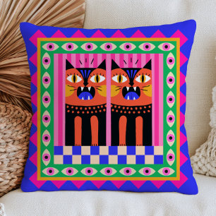 Evil Eyes Funky Cats Bold Maximalist Feline Art Cushion