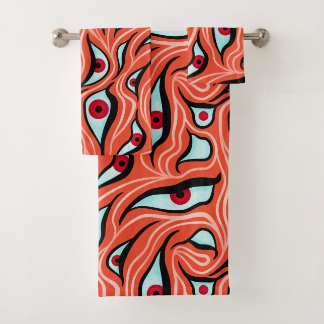 Evil Eyes Pattern - Abstract Red Eyes on Orange Bath Towel Set (Insitu)