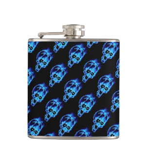 Evil Flaming Blue Skulls Pattern Goth Hip Flask