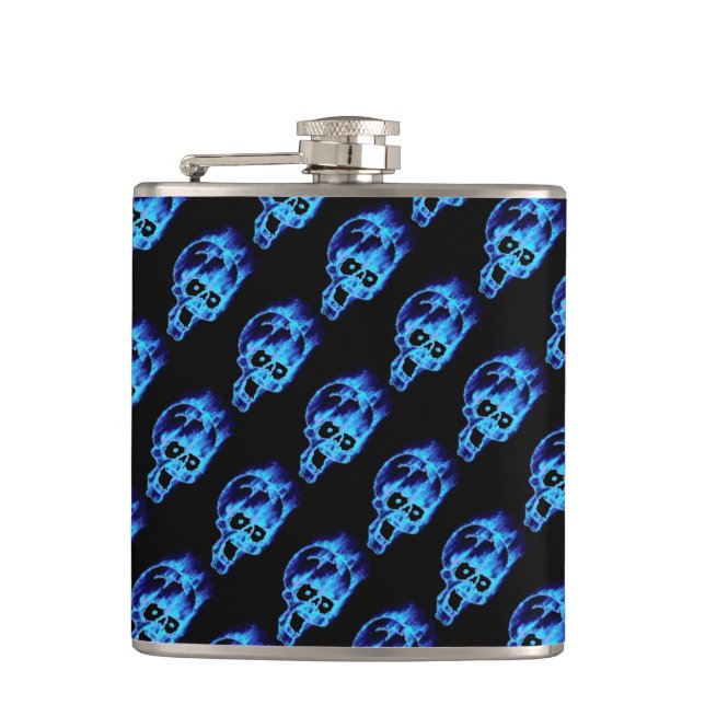 Evil Flaming Blue Skulls Pattern Goth Hip Flask (Front)