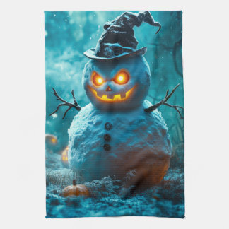 Evil Halloween Snowman with Glowing Eyes Tea Towel