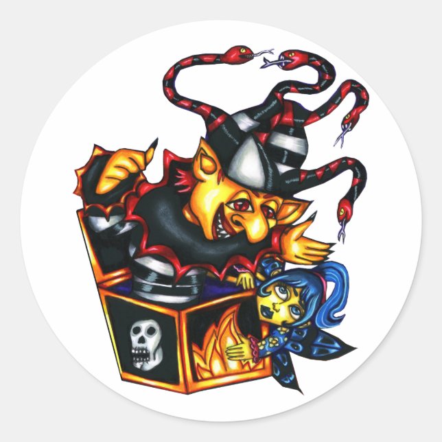 Evil Jack In the Box and fairy Goth Fantasy art Classic Round Sticker (Front)