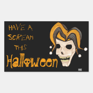 Evil Jester Skull (Orange) Halloween Rectangular Sticker