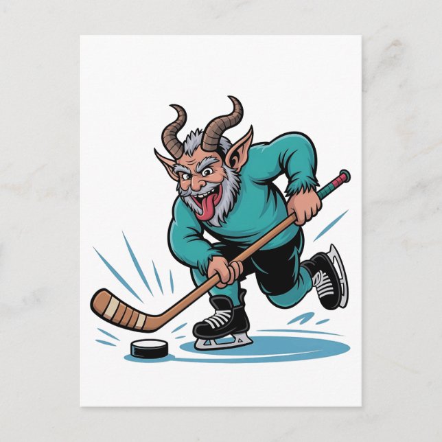 Evil Krampus Playing Ice Hockey Christmas Sport  Announcement Postcard (Front)