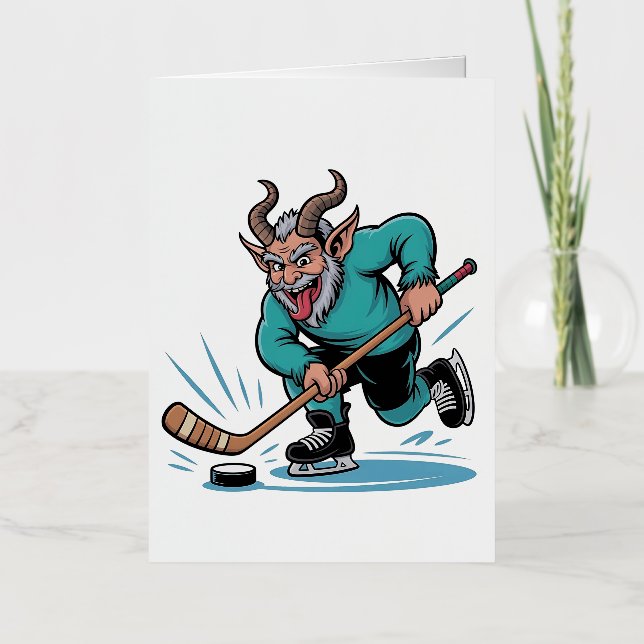 Evil Krampus Playing Ice Hockey Christmas Sport  Foil Holiday Card (Front)