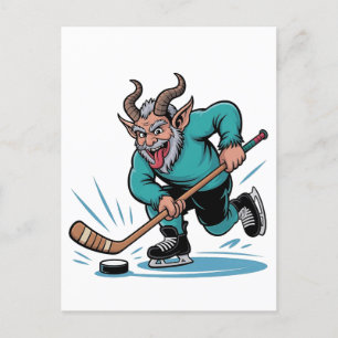 Evil Krampus Playing Ice Hockey Christmas Sport  Holiday Postcard