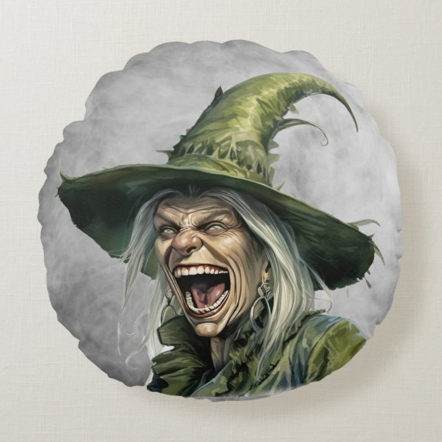 Evil Laughing Witch Art Round Pillow (Front)