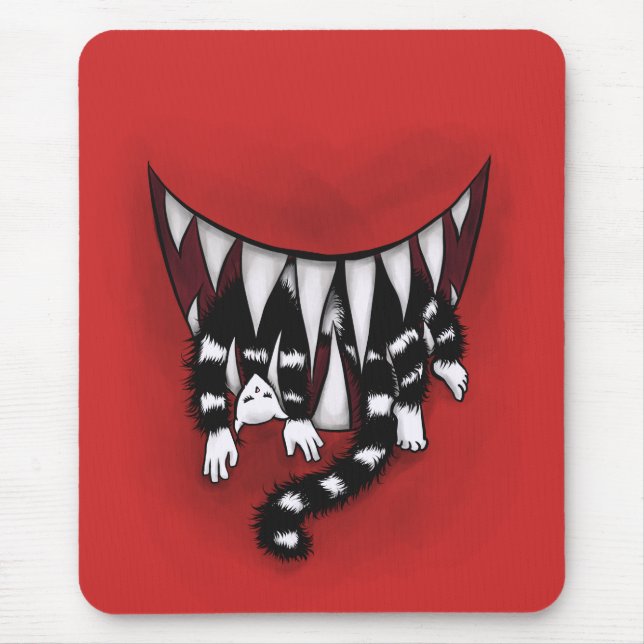 Evil Monster Mouth Sharp Teeth Eating Cat Horror Mouse Mat (Front)