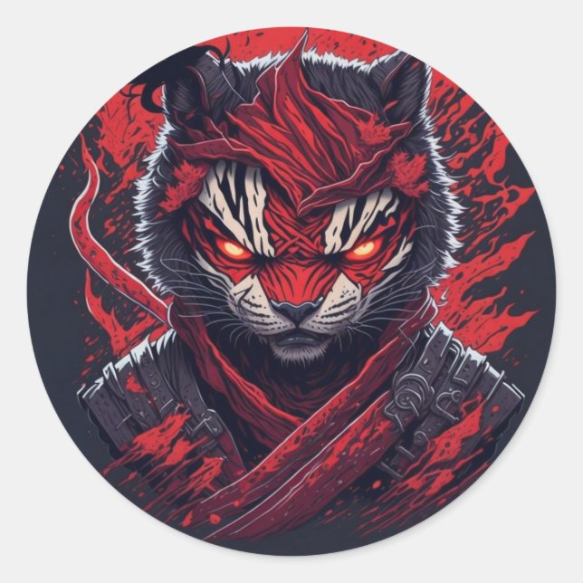 evil ninja tiger designed classic round sticker (Front)