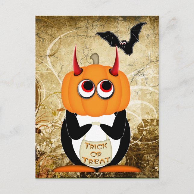 Evil Penguin Halloween Postcard (Front)