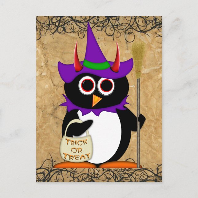 Evil Penguin Halloween Witch Postcard (Front)