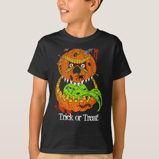 Evil Pumkin Scary Trick or Treat Kids Halloween T-Shirt (Front)