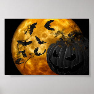 Evil pumpkin face and bats at full moon halloween poster