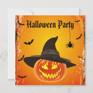 Evil Pumpkin in Witches Hat Halloween Invitation