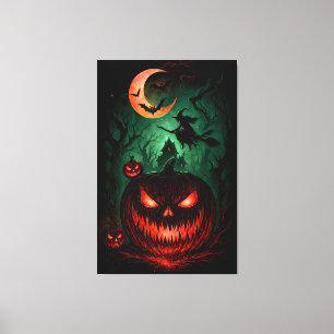 Evil Pumpkin Under Blood Moon Witch Flying Hallo Canvas Print