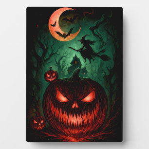 Evil Pumpkin Under Blood Moon Witch Flying Hallo Plaque