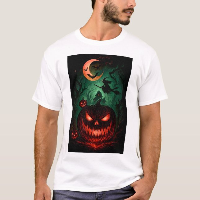 Evil Pumpkin Under Blood Moon | Witch Flying Hallo T-Shirt (Front)