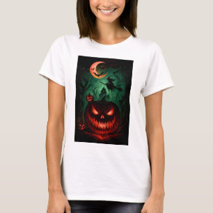 Evil Pumpkin Under Blood Moon Witch Flying Hallo T-Shirt