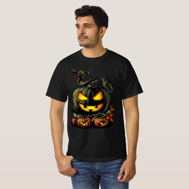 Evil Pumpkin with Snake Halloween Artwork T-Shirt (Front Full)