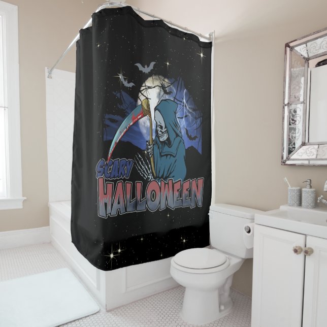 Evil Skeleton In Scary Dark Night Halloween Shower Curtain (In Situ)