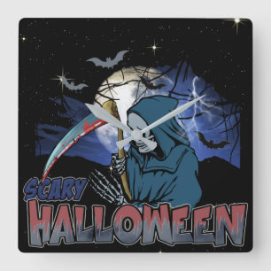 Evil Skeleton In Scary Dark Night Halloween Square Wall Clock