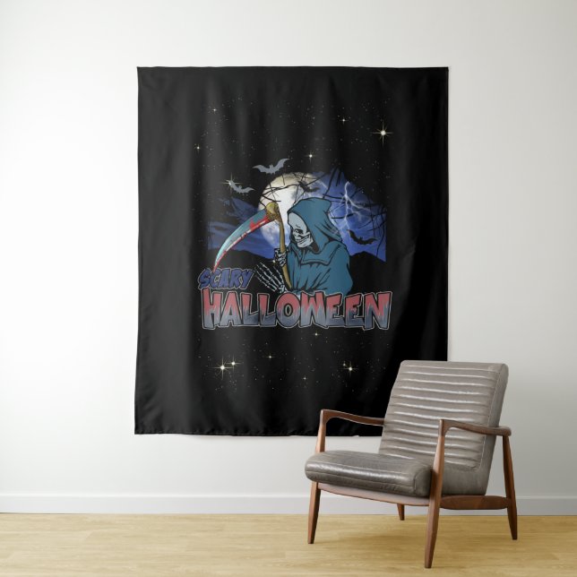Evil Skeleton In Scary Dark Night Halloween Tapestry (In Situ)