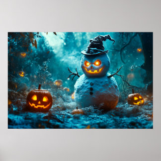Evil Snowman with Glowing Pumpkins in Dark Forest Poster